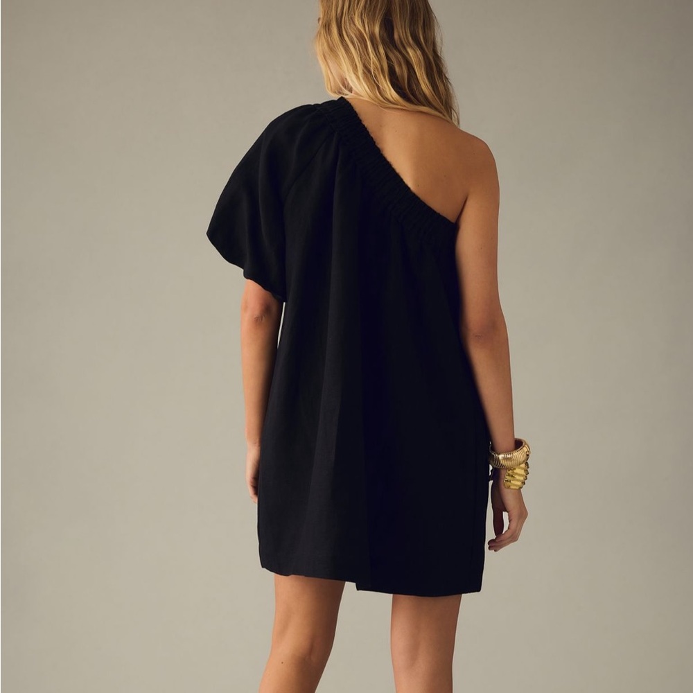 BY ANTHROPOLOGIE EUC One Shoulder Waistless Mini Dress Linen Blend M Black - Picture 3 of 11